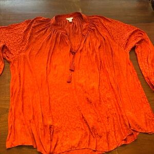 Crown & Ivy 3x Orange Lantern Sleeve Oversized Leopard Print Tassel Blouse